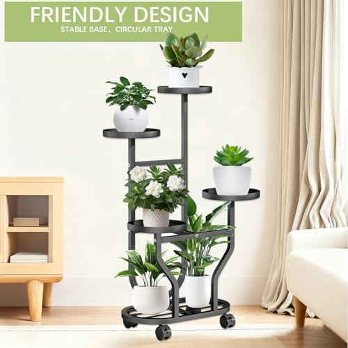 5 Tier Plant Stand, Metal Plant Shelf Indoor Outdoor,Tall Corner Multiple Plants Shelf for Garden Balcony Patio Living Room, Tiered Corner Rack Flower Stands with Wheels - Image 6