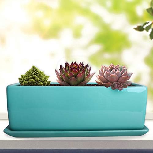 Vencer 12 Inch Rectangular Modern Minimalist Ceramic Succulent Planter Pot - Window Box with Saucer,Office Desktop Potted Stand,Turquoise,VF-0135T - Image 5