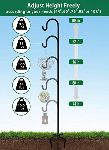 Adjustable Outdoor Shepherd Hook Stand with 5 Prong Base, 108 Inches Tall 3/5 in Thick, Shiny Black (2 Packs) - Image 5
