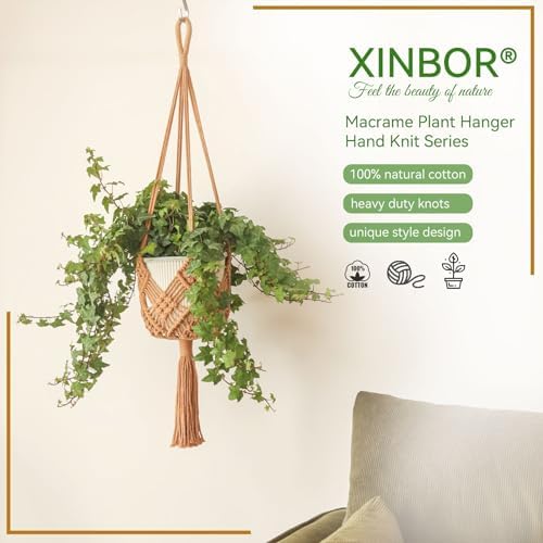 Hanging Planter with Patterns,4Packs Macrame Plant Hangers Indoor Macrame for up to 8 inch Pot Crochet Boho Plant Hanger Holder for Indoor Outdoor with 4 Stainless Steel Hooks (4Pcs Caramel Colors) - Image 5