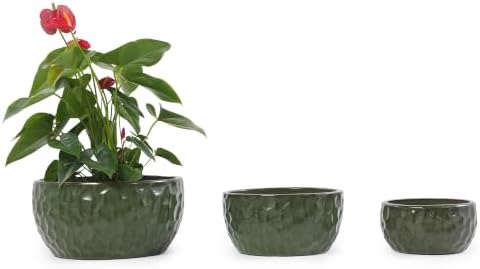 10 Inch Ceramic Planters with Hammered Pattern, Set of 3, Antique Green - Image 3