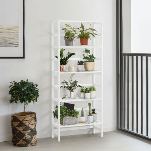 CAPHAUS Bookshelf, 5-Tier Book Shelf, Home Office Ladder Shelf with Bamboo Frame,Freestanding Storage Shelves Organizer, for Living Room, Kitchen,Bedroom,Plant Stand Bathroom,White by CAPHAUS