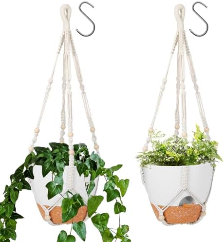 GARDIFE 10 Inch Hanging Planters with Macrame Plant Hanger for Indoor and Outdoor Plants, 2 Pack Large Self Watering Hanging Plant Pot with Basket Flower Pot with Drainage Hole, White by GARDIFE