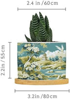 Garden Planters Ceramic Green Chinoiserie Floral Bird Round Plant Pots with Drainage Holes and Bamboo Tray Pot for Indoor Outdoor Garden - Image 2