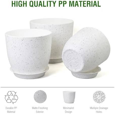 WSMKSZ 10/9/8 inch Medium Plant Pots, Set of 3 Modern Decorative Plastic Planters with Drainage Holes and Saucers for Garden House Plants, Flower Pots for Indoor Outdoor Plants, Speckled White - Image 4