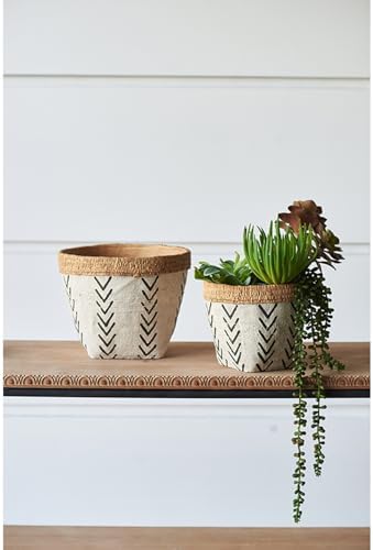 10 x 8 Set of 2 Cement Planters with V Pattern, White and Brown by Noeko