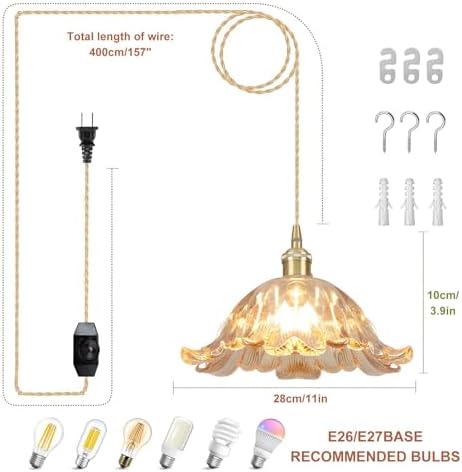 Plug in Pendant Light Fixtures,Hanging Light Fixture Flower Amber Glass Pendant Light 11 inch E26 Pendant Lighting for Kitchen Island, Bedroom, Dining Room, Living Room - Image 3