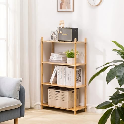 4‑Tier Expandable Freestanding Bamboo Bookshelf, Wooden Bookcase by WooFawn