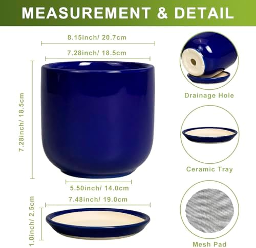 8 Inch Ceramic Plant Pot - Decorative Round Planter for Indoor Plants with Drainage Hole and Saucer, Home House Room Office Garden Decor, Blue - Image 3