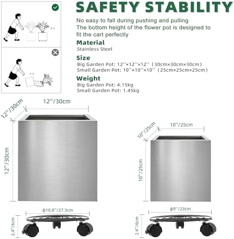 Longrun Stainless Steel Square Flower Pot - 9.8 & 11.8 inch Modern Garden Planter for Indoor & Outdoor Decor Two Packs - Image 2
