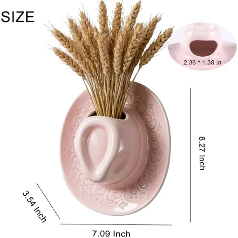 Ceramic Cowboy Hat Wall Vase - Handmade Hanging Flower Planter, Western Boho Room Decor & Coastal Cowgirl Aesthetic Wall Art for Home Decorations (Pink) - Image 2