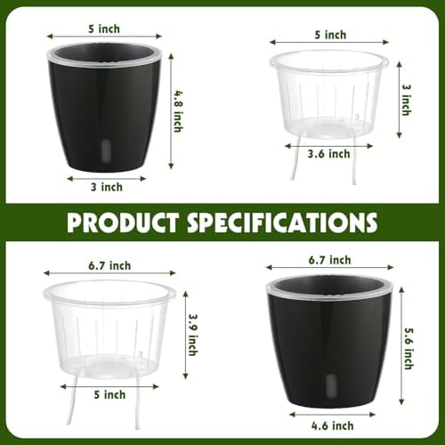 Self-Watering Pots for Indoor Plants, 16-Pack Self Watering Planter with Drainage Holes, Small African Violet Pots with Water Indicator, 10-Pack 5''/6-Pack 6.7'' Orchid Pot, Black - Image 2