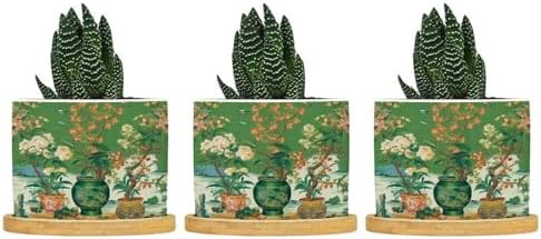 Vase Green Chinoiserie Planter Ceramic Daily Round Plant Pot with Drainage Holes and Bamboo Tray Pot for Indoor Outdoor Garden by BRUYU5SE