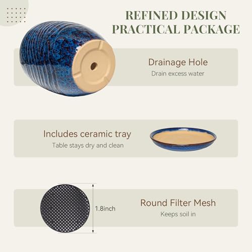 9.5 Inch Modern Ceramic Plant Pot with Saucer, Flower Pot with Drainage Hole Mesh Net,Indoor Outdoor Planter (Speckle Blue) - Image 4