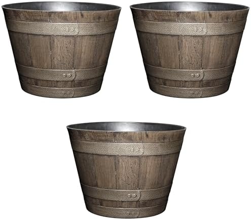 Classic Home and Garden Outdoor Round Whiskey Resin Flower Pot Barrel Planter, Distressed Oak Brown, 20.5" (Pack of 3) by Classic+Home+%26+Garden