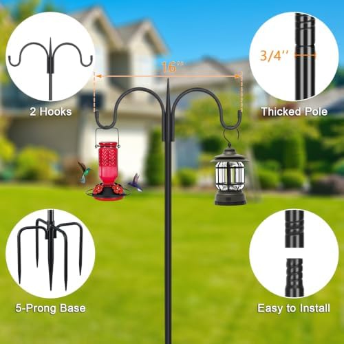 FEED GARDEN Heavy Duty Shepherds Hook 108" Double Hooks Adjustable (44/60/76/92/108") - Metal 5-Prong Base, 12lb Capacity - Easy Assembly Bird Feeder Pole for Hanging Planters, Lanterns, Wind Chimes - Image 2