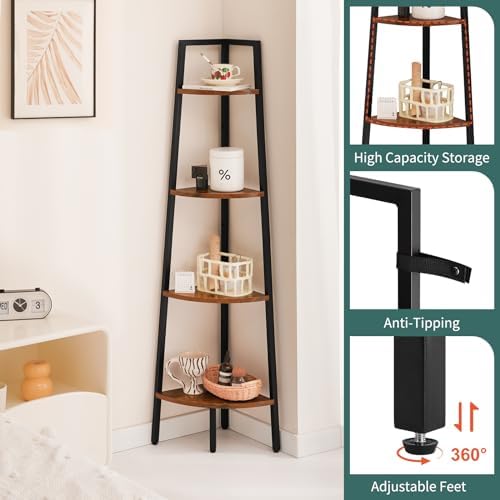Yoobure 4-Tier Corner Shelf Stand- 54" Tall Corner Bookshelf with Metal Frame, Industrial Ladder Corner Shelves Display Shelf for Bedroom Living Room, Corner Bookcase Corner Plant Stand for Balcony - Image 5