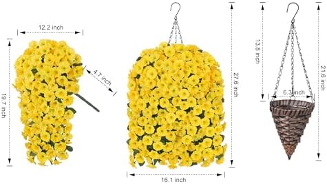 HyeFlora Artificial Fake Hanging Flowers Plants Baskets for Outdoor Outside, Faux Silk Yellow Morning Glory Flowers UV Resistant Look Real Hanging Planter for Home Porch Patio Balcony Yard Decor - Image 3