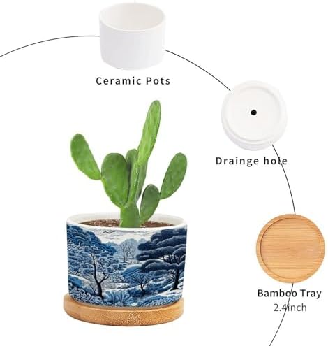 Blue and White Indigo Chinoiserie Ceramic Planters Navy Chinoiserie Pine Tree Snake Plant Live Indoor with Pot with Drainage Holes and Saucers Pot for Home Office Desk Garden - Image 3