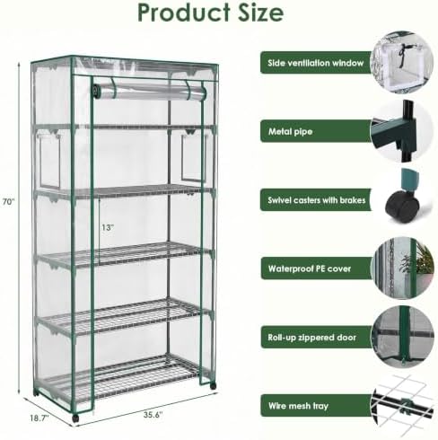 Indoor Greenhouse with Grow Lights & Wheels, 5 Tier Wire Shelf PVC Tent - Image 2