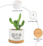 DreamAutumn Pack of 3 Planters Ceramic Sometimes Wet My Plants Ceramic Pots with Drainage Holes Round Flowerpot Bamboo Tray Plant Pots for Succuelnt and Little Snake Plants - Image 3