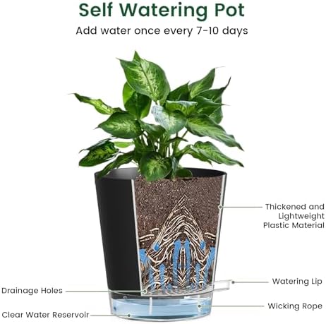 Meowell Self Watering Pots Set of 7 – Assorted Size 4" to 8" Indoor Plant Pots with Drainage Holes and Clear Reservoir for Visible Water Level, Plastic Wicking Planter for House Plants & Flower, Black - Image 4