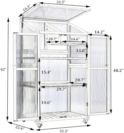 62inch Wooden Greenhouse Cold Frame, Garden Fir Wood Portable Green House Cabinet with Wheels and Flip-Top Roof, Flower Plants Shelf for Outdoor Indoor, Black - Image 5