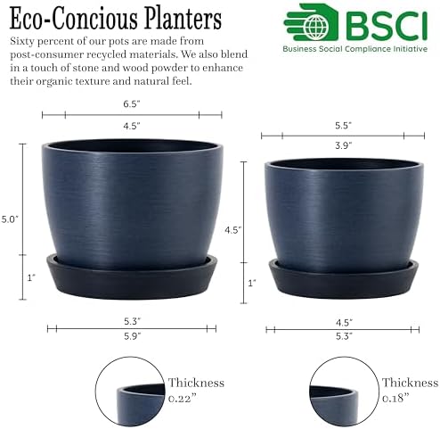 Kin 'n' Kind Set of 2 Minimalist Plant Pots (6.5" & 5.5") – Modern Indoor Planters with Drainage & Saucers & Plugs – Durable Eco-Conscious Composite, Indoor/Outdoor - Pacifica Wave Blue - Image 3