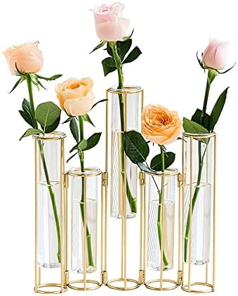 Gold Vases for Centerpieces, Test Tube Flower Vase with 5 Test Tubes, Gold Flower Vase with Metal Stand Racks Hydroponic, Glass Hinged Propagation Plant Vase for Wedding Table Home Decor by LANLONG