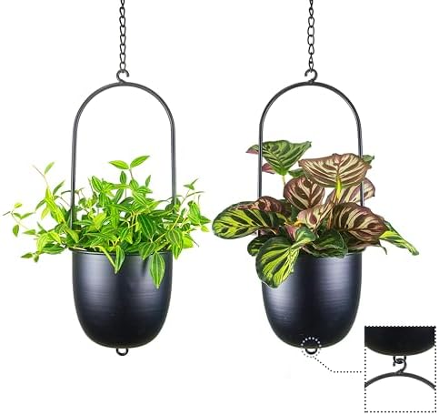 Metal Hanging Planters Set of 2 with 6 Inch Oval Pots - Stackable and Connectable Plant Hangers - Black Modular Wall and Ceiling Mount Holders for Indoor and Houseplants by HemePaha