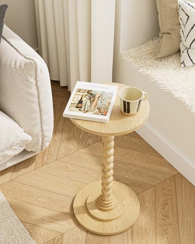 Masupu Round Side Table, Small End Table for Small Spaces, Pedestal Drink Table with Solid Wood Leg for Living Room, Bedroom, Corners(Natural) - Image 2