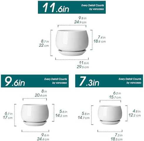 vancasso 3-Pack Ceramic Plant Pots, 7.3/9.6/11.6 Inch Indoor Planters with Saucers & Drainage Hole Planter pots for Indoor Plants and Flower, White - Image 2
