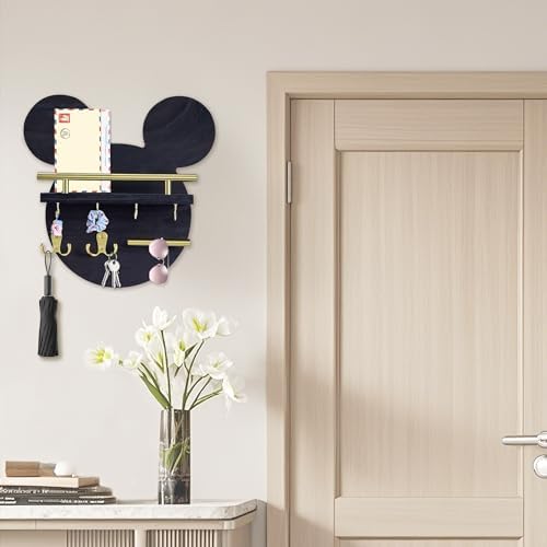 AIRPOP Key Holder for Wall–Mouse Wooden Mail Organizer Wall Mount with Shelf and 6 Hooks, Easy Installation Key Rack Hanger for Entryway Living Room Home Decor (Black) - Image 6