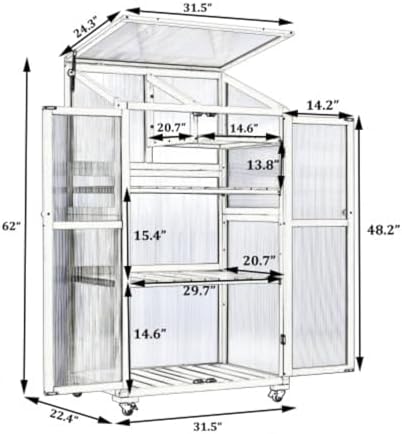 Wooden Greenhouse, Cold Frame Portable Greenhouse with Wheels and Adjustable Shelves for Indoor Outdoor Patio Balcony Garden, 31.5" Lx22.4 Wx62 H, Black (White) - Image 6