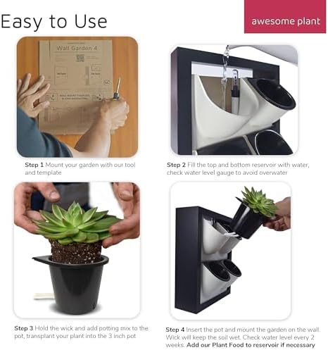 Wall Garden 4 Vertical Wall Planter, 4 Pots Wood Frame Self Watering Living Planter for Home Office Decor, Wall-Mounted Planter for Indoor Houseplants (Black) - Image 5