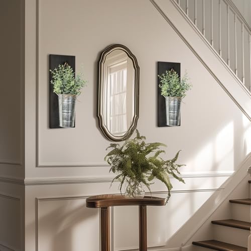 SHOHAYTO Farmhouse Wall Decor Set of 2 - Wood Hanging Planters with Artificial Eucalyptus, Rustic Vertical Pocket Vases for Bathroom Kitchen, Indoor Greenery Decor - Image 6