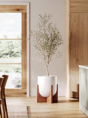 LE TAUCI 10 Inch Plant Pot with Acacia Wood Stand, Ceramic Planters for Indoor Plants, Unique Plant Pots Indoor for Home Decor, Mid-Century Modern Pots for Plants with Drainage Hole and Plug, White - Image 6