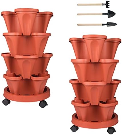 GameXcel Vertical Planter Tower - 4 Tier Stackable Garden Planters with Wheels and Tools Plant Pots for Strawberry Herb Flower and Vegetable Indoor Outdoor Use Red 2 Pack by GameXcel