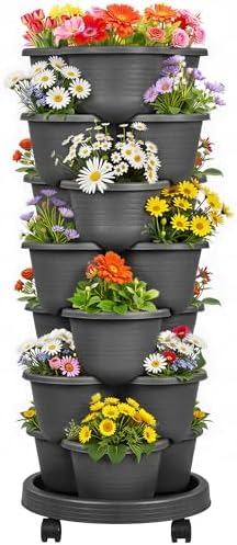 VECELO 7 Tier Vertical Garden Planter, Self Watering Stackable Planters with Wheels for Strawberries, Herbs, Flowers, Vegetables, Dark Gray by VECELO