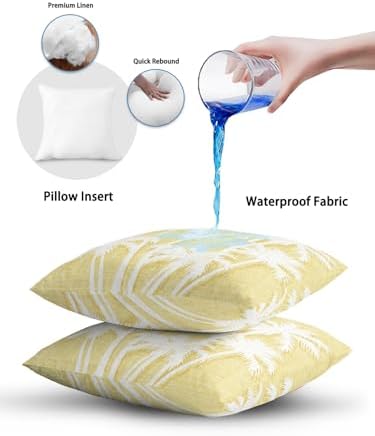 Tropical Palm Tree 12x20 Waterproof Outdoor Lumbar Pillows Set of 2 with Inserts, Vintage Yellow Exotic Botanical Plants Patio Decorative Cushion Pillows for Outdoor Sofa Bench Porch Balcony - Image 7