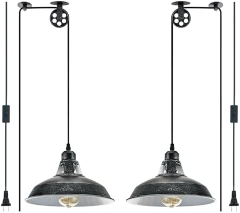 Plug in Pendant Light With Switch,Vintage Industrial Design,16.4ft Cord,Adjustable Pulley,Easy Install,Ideal For Living Room,Pool Table,Bedroom,Kitchen,Sloped Ceiling,Bar,Outdoor Shed(Silver Black) by Lovefindahome