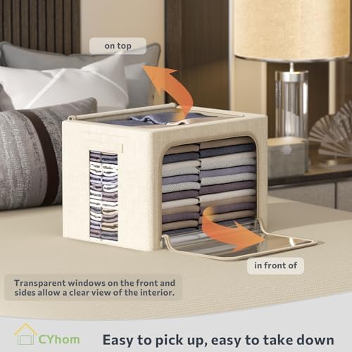 CYhom 3Pack Foldable Storage Bins - Frame Storage Box Linen Fabric Stackable Clothes Container Organizer with Clear Window & Carry Handles Large Capacity (Extra Large-100L, Beige) - Image 2