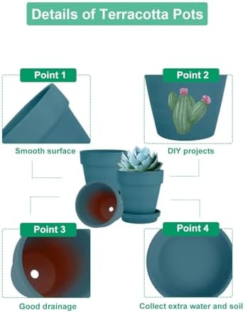 vensovo 4 Inch Steel Blue Terracotta & Clay Pots with Saucer, 6 Pack - Image 3