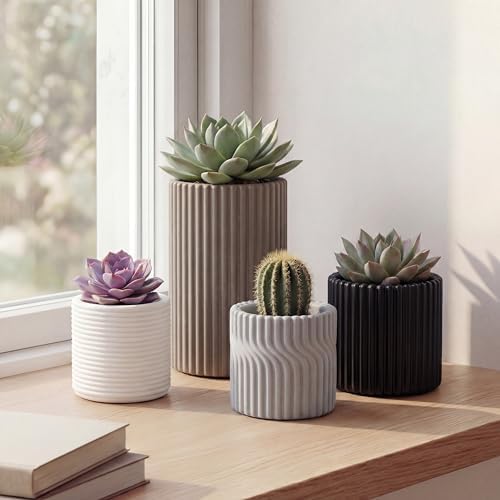 Eyely Anisa Modern Minimalist Handmade Concrete Fluted Cylinder Planter Set, Matte Monochrome Neutral (Set of 4) (NLP1004A-4SET) by eyely
