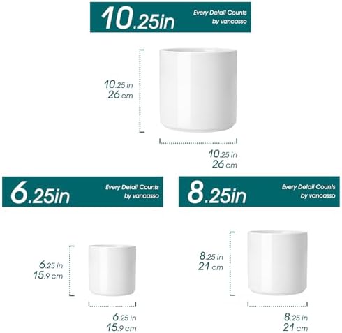 vancasso 6"+8"+10" Ceramic Pot for Plants, Large Outdoor Indoor Planter Pots with Drainage Holes, Set of 3, White - Image 2