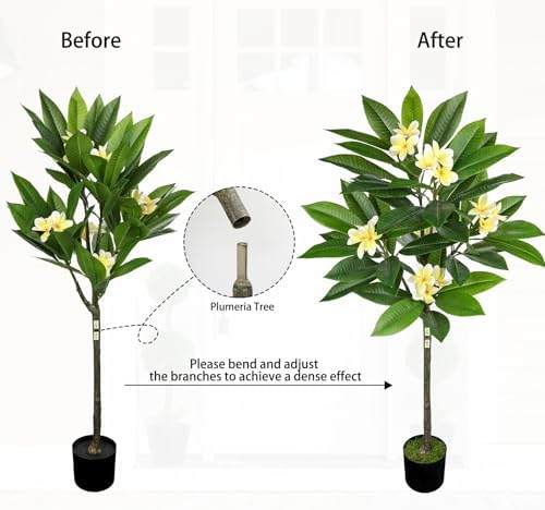 Briful Artificial Plants Indoor 4.17ft Fake Tropical Plumeria Flowers Tree in Black Pot Hawaiian Yellow Plumeria Faux Frangipani Tree Potted Floor Plant for Home Office Wedding Decor - Image 4