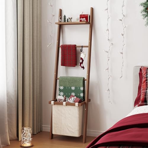 63" Bamboo Blanket Ladder with Shelf, Fabric Storage Basket and 5 Hooks - Image 5