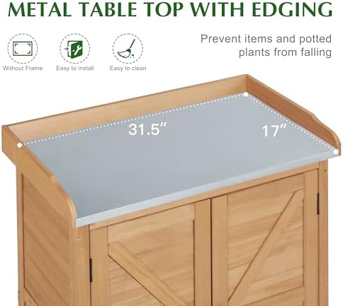 Outdoor Storage Cabinet & Potting Bench Table with Metal Top, Wooden Patio Furniture, Garden Workstation (Light Brwon, 39x31.5x17in) - Image 3