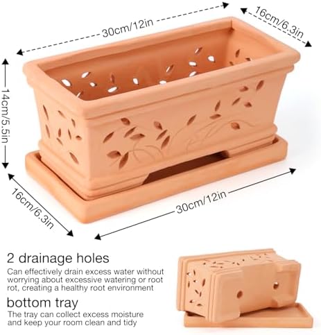 12 Inch Terra Clay Orchid Pots with Drainage Holes Saucers Large Clay Planters for Repotting Plant Pots for Terra Cotta Pot for Plants Indoor and Outdoor Promotes Air Circulation - Image 2