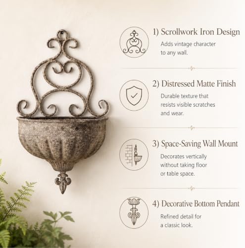 Vintage Wall Hanging Planter with Ornate Scrollwork, Distressed Rust Iron Wall Mount Flower Pot, Rustic Farmhouse Ribbed Wall Planter for Indoor Outdoor Porch Entryway Garden Wall Decor(A3077) - Image 3